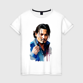 Женская футболка хлопок с принтом Johnny Depp   watercolor в Белгороде, 100% хлопок | прямой крой, круглый вырез горловины, длина до линии бедер, слегка спущенное плечо | 