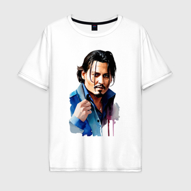Мужская футболка хлопок Oversize с принтом Johnny Depp   watercolor в Курске, 100% хлопок | свободный крой, круглый ворот, “спинка” длиннее передней части | 