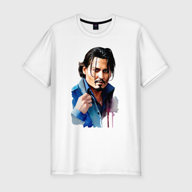 Мужская футболка хлопок Slim с принтом Johnny Depp   watercolor в Санкт-Петербурге, 92% хлопок, 8% лайкра | приталенный силуэт, круглый вырез ворота, длина до линии бедра, короткий рукав | 