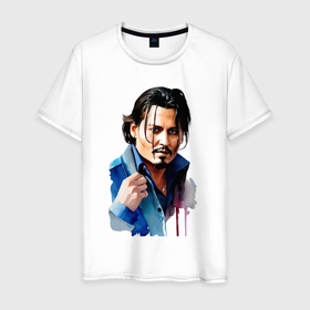 Мужская футболка хлопок с принтом Johnny Depp   watercolor в Курске, 100% хлопок | прямой крой, круглый вырез горловины, длина до линии бедер, слегка спущенное плечо. | 