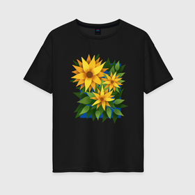 Женская футболка хлопок Oversize с принтом Букет из трех подсолнухов с листьями в Курске, 100% хлопок | свободный крой, круглый ворот, спущенный рукав, длина до линии бедер
 | 