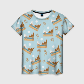 Женская футболка 3D с принтом Летний пейзаж с пальмами в Петрозаводске, 100% полиэфир ( синтетическое хлопкоподобное полотно) | прямой крой, круглый вырез горловины, длина до линии бедер | 