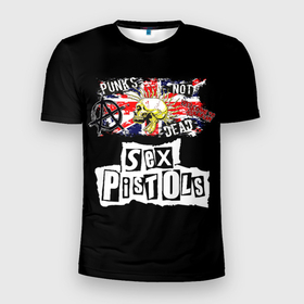 Мужская футболка 3D Slim с принтом Sex Pistols   punks not dead в Екатеринбурге, 100% полиэстер с улучшенными характеристиками | приталенный силуэт, круглая горловина, широкие плечи, сужается к линии бедра | 