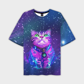 Мужская футболка oversize 3D с принтом Космический фиолетовый кот выглядит удивленным в Новосибирске,  |  | 