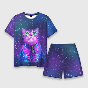 Мужской костюм с шортами 3D с принтом Космический фиолетовый кот выглядит удивленным в Курске,  |  | 