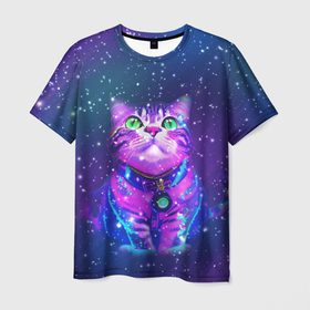 Мужская футболка 3D с принтом Космический фиолетовый кот выглядит удивленным в Новосибирске, 100% полиэфир | прямой крой, круглый вырез горловины, длина до линии бедер | 