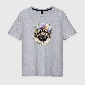 Мужская футболка хлопок Oversize с принтом Весна в душе: кавказская овчарка в Тюмени, 100% хлопок | свободный крой, круглый ворот, “спинка” длиннее передней части | 