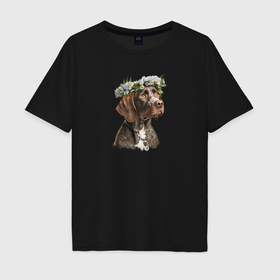 Мужская футболка хлопок Oversize с принтом Весна в душе: курцхаар в Санкт-Петербурге, 100% хлопок | свободный крой, круглый ворот, “спинка” длиннее передней части | 