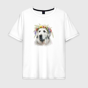 Мужская футболка хлопок Oversize с принтом Весна в душе: пиренейская горная собака в Санкт-Петербурге, 100% хлопок | свободный крой, круглый ворот, “спинка” длиннее передней части | Тематика изображения на принте: 