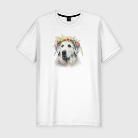 Мужская футболка хлопок Slim с принтом Весна в душе: пиренейская горная собака в Новосибирске, 92% хлопок, 8% лайкра | приталенный силуэт, круглый вырез ворота, длина до линии бедра, короткий рукав | 