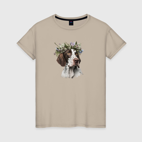 Женская футболка хлопок с принтом Весна в душе: пойнтер в Петрозаводске, 100% хлопок | прямой крой, круглый вырез горловины, длина до линии бедер, слегка спущенное плечо | 