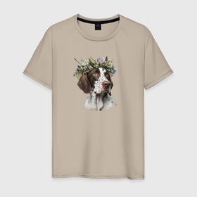Мужская футболка хлопок с принтом Весна в душе: пойнтер в Петрозаводске, 100% хлопок | прямой крой, круглый вырез горловины, длина до линии бедер, слегка спущенное плечо. | 