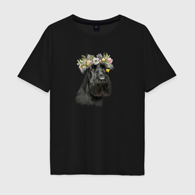 Мужская футболка хлопок Oversize с принтом Весна в душе: ризеншнауцер в Новосибирске, 100% хлопок | свободный крой, круглый ворот, “спинка” длиннее передней части | 