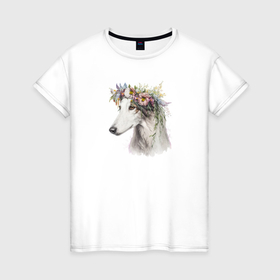 Женская футболка хлопок с принтом Весна в душе: русская псовая борзая в Новосибирске, 100% хлопок | прямой крой, круглый вырез горловины, длина до линии бедер, слегка спущенное плечо | 