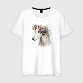 Мужская футболка хлопок с принтом Весна в душе: русская псовая борзая в Новосибирске, 100% хлопок | прямой крой, круглый вырез горловины, длина до линии бедер, слегка спущенное плечо. | 