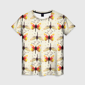 Женская футболка 3D с принтом Стрекозы и бабочки , 100% полиэфир ( синтетическое хлопкоподобное полотно) | прямой крой, круглый вырез горловины, длина до линии бедер | 