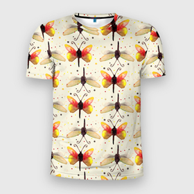 Мужская футболка 3D Slim с принтом Стрекозы и бабочки в Белгороде, 100% полиэстер с улучшенными характеристиками | приталенный силуэт, круглая горловина, широкие плечи, сужается к линии бедра | Тематика изображения на принте: 