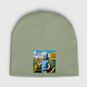 Мужская шапка демисезонная с принтом Девочка в поле с мороженым в Кировске,  |  | Тематика изображения на принте: 