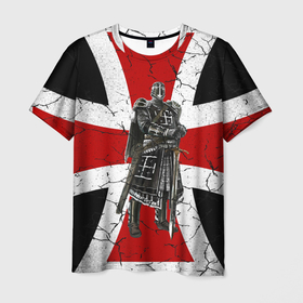 Мужская футболка 3D с принтом Рыцарь на фоне мальтийского креста в Петрозаводске, 100% полиэфир | прямой крой, круглый вырез горловины, длина до линии бедер | 