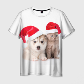 Мужская футболка 3D с принтом Пёсик и котик в шапочках в Новосибирске, 100% полиэфир | прямой крой, круглый вырез горловины, длина до линии бедер | 