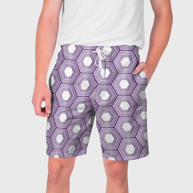 Мужские шорты 3D с принтом Шестиугольники фиолетовые в Курске,  полиэстер 100% | прямой крой, два кармана без застежек по бокам. Мягкая трикотажная резинка на поясе, внутри которой широкие завязки. Длина чуть выше колен | 