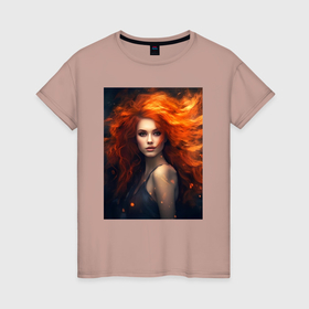 Женская футболка хлопок с принтом Девушка с огненными волосами: создана нейросетью в Петрозаводске, 100% хлопок | прямой крой, круглый вырез горловины, длина до линии бедер, слегка спущенное плечо | 