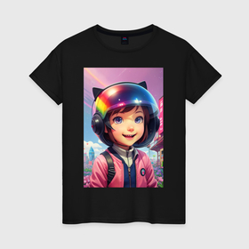 Женская футболка хлопок с принтом Девочка в шлеме в Кировске, 100% хлопок | прямой крой, круглый вырез горловины, длина до линии бедер, слегка спущенное плечо | 