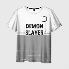 Мужская футболка 3D с принтом Demon Slayer glitch на светлом фоне: символ сверху в Новосибирске, 100% полиэфир | прямой крой, круглый вырез горловины, длина до линии бедер | 