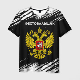 Мужская футболка 3D с принтом Фехтовальщик из России и герб РФ в Екатеринбурге, 100% полиэфир | прямой крой, круглый вырез горловины, длина до линии бедер | 