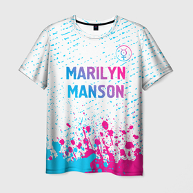 Мужская футболка 3D с принтом Marilyn Manson neon gradient style: символ сверху в Новосибирске, 100% полиэфир | прямой крой, круглый вырез горловины, длина до линии бедер | Тематика изображения на принте: 
