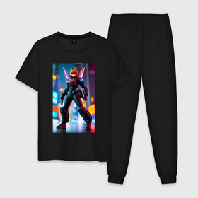 Мужская пижама хлопок с принтом Cool fox   cyberpunk   neural network , 100% хлопок | брюки и футболка прямого кроя, без карманов, на брюках мягкая резинка на поясе и по низу штанин
 | 