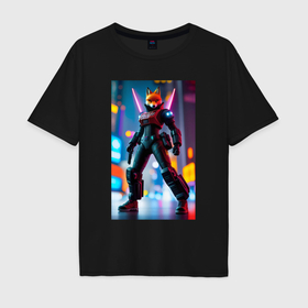 Мужская футболка хлопок Oversize с принтом Cool fox   cyberpunk   neural network , 100% хлопок | свободный крой, круглый ворот, “спинка” длиннее передней части | 