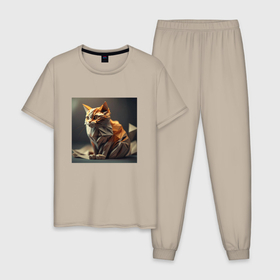 Мужская пижама хлопок с принтом Кошка оригами в Санкт-Петербурге, 100% хлопок | брюки и футболка прямого кроя, без карманов, на брюках мягкая резинка на поясе и по низу штанин
 | 