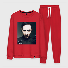 Мужской костюм хлопок с принтом Marilyn Manson фотопортрет в Новосибирске, 100% хлопок | на свитшоте круглая горловина, мягкая резинка по низу. Брюки заужены к низу, на них два вида карманов: два “обычных” по бокам и два объемных, с клапанами, расположенные ниже линии бедра. Брюки с мягкой трикотажной резинкой на поясе и по низу штанин. В поясе для дополнительного комфорта — широкие завязки | 