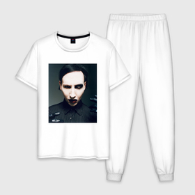 Мужская пижама хлопок с принтом Marilyn Manson фотопортрет , 100% хлопок | брюки и футболка прямого кроя, без карманов, на брюках мягкая резинка на поясе и по низу штанин
 | Тематика изображения на принте: 