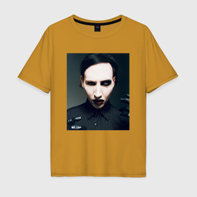 Мужская футболка хлопок Oversize с принтом Marilyn Manson фотопортрет в Санкт-Петербурге, 100% хлопок | свободный крой, круглый ворот, “спинка” длиннее передней части | 