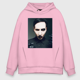Мужское худи Oversize хлопок с принтом Marilyn Manson фотопортрет в Кировске, френч-терри — 70% хлопок, 30% полиэстер. Мягкий теплый начес внутри —100% хлопок | боковые карманы, эластичные манжеты и нижняя кромка, капюшон на магнитной кнопке | 