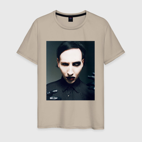 Мужская футболка хлопок с принтом Marilyn Manson фотопортрет в Белгороде, 100% хлопок | прямой крой, круглый вырез горловины, длина до линии бедер, слегка спущенное плечо. | 