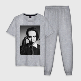 Мужская пижама хлопок с принтом Marilyn Manson looks at you в Новосибирске, 100% хлопок | брюки и футболка прямого кроя, без карманов, на брюках мягкая резинка на поясе и по низу штанин
 | 