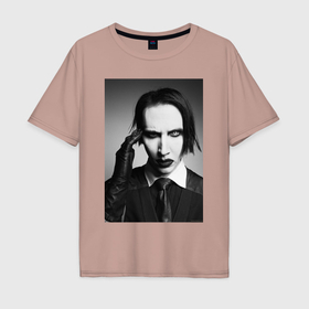 Мужская футболка хлопок Oversize с принтом Marilyn Manson looks at you в Новосибирске, 100% хлопок | свободный крой, круглый ворот, “спинка” длиннее передней части | 