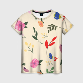 Женская футболка 3D с принтом Цветы и веточки паттерн в Тюмени, 100% полиэфир ( синтетическое хлопкоподобное полотно) | прямой крой, круглый вырез горловины, длина до линии бедер | 