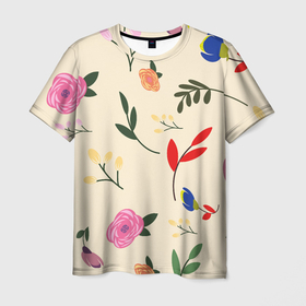 Мужская футболка 3D с принтом Цветы и веточки паттерн в Курске, 100% полиэфир | прямой крой, круглый вырез горловины, длина до линии бедер | 