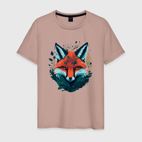 Мужская футболка хлопок с принтом Огненная лисица в Екатеринбурге, 100% хлопок | прямой крой, круглый вырез горловины, длина до линии бедер, слегка спущенное плечо. | 