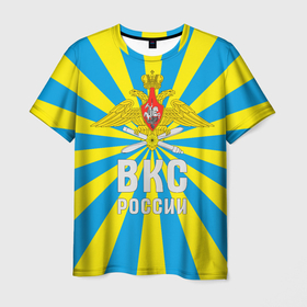 Мужская футболка 3D с принтом ВКС России   герб в Петрозаводске, 100% полиэфир | прямой крой, круглый вырез горловины, длина до линии бедер | 