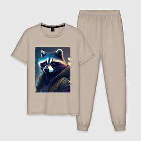 Мужская пижама хлопок с принтом Енот в стиле киберпанк   нейросеть в Рязани, 100% хлопок | брюки и футболка прямого кроя, без карманов, на брюках мягкая резинка на поясе и по низу штанин
 | 
