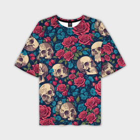 Мужская футболка oversize 3D с принтом Черепа и красные розы в Курске,  |  | Тематика изображения на принте: 