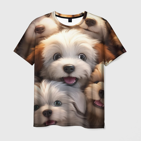 Мужская футболка 3D с принтом Маленьние щенята , 100% полиэфир | прямой крой, круглый вырез горловины, длина до линии бедер | 