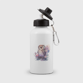 Бутылка спортивная с принтом Акварельная милая сова в Тюмени, металл | емкость — 500 мл, в комплекте две пластиковые крышки и карабин для крепления | 