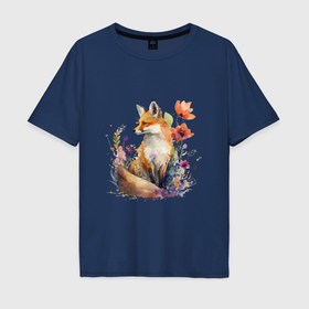 Мужская футболка хлопок Oversize с принтом Акварельная милая лиса в Санкт-Петербурге, 100% хлопок | свободный крой, круглый ворот, “спинка” длиннее передней части | 