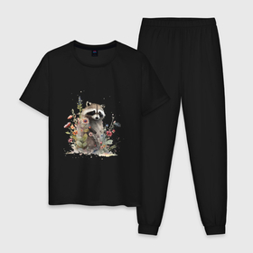 Мужская пижама хлопок с принтом Акварельный милый енот в Санкт-Петербурге, 100% хлопок | брюки и футболка прямого кроя, без карманов, на брюках мягкая резинка на поясе и по низу штанин
 | 